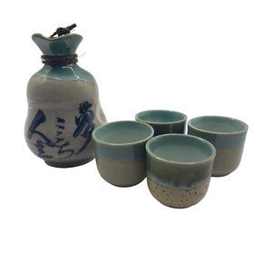 MCI Pottery 5 piece Sake Set gray blue glaze